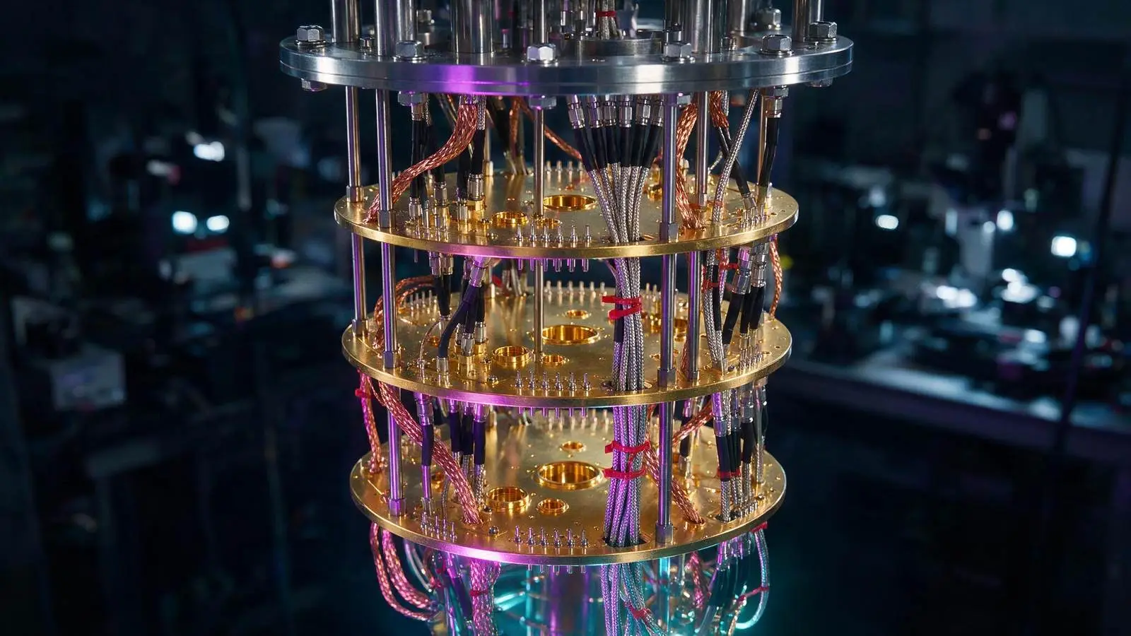 A dilution refrigerator cryostat.