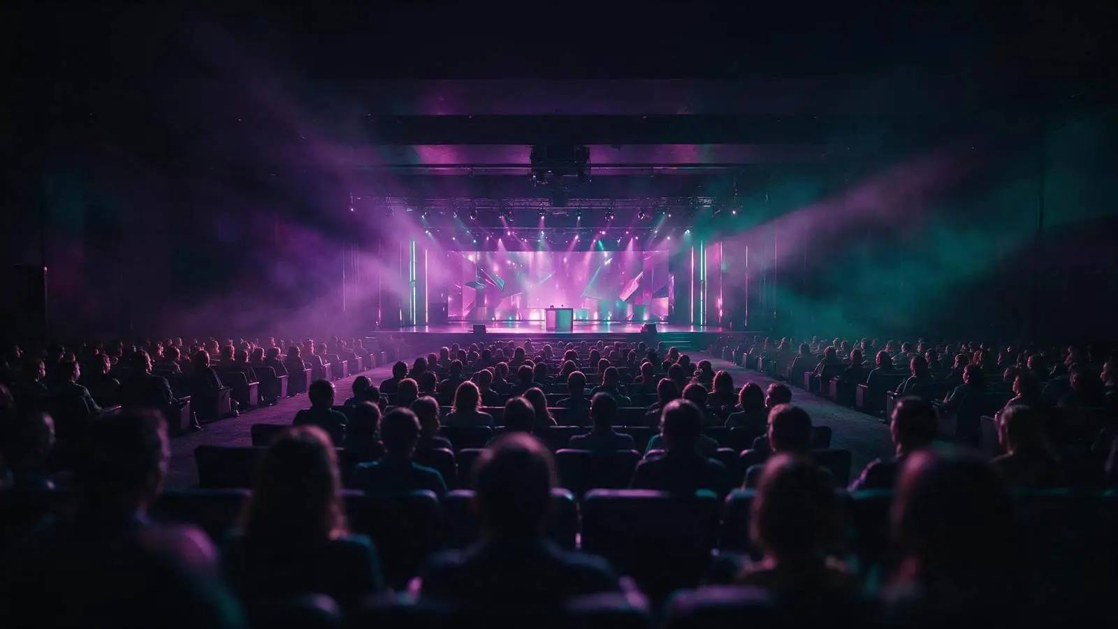 An audience facing a lit stage at a technology conference.