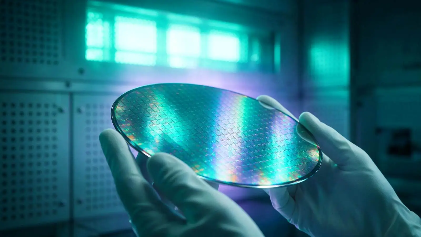 A silicon wafer held in a cleanroom.